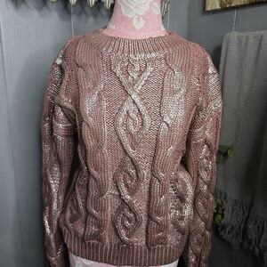 Rock & Roll Cowgirl Metallic Pink Cable Knit Sweater